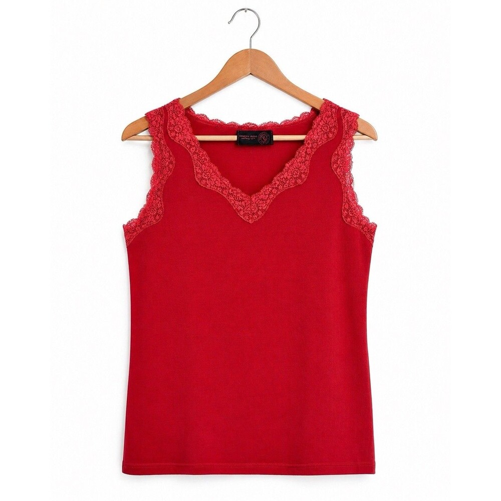 Venezia Jeans Red Lace Trim Tank Top Womens 14/16 Cotton Stretch Sleeveless